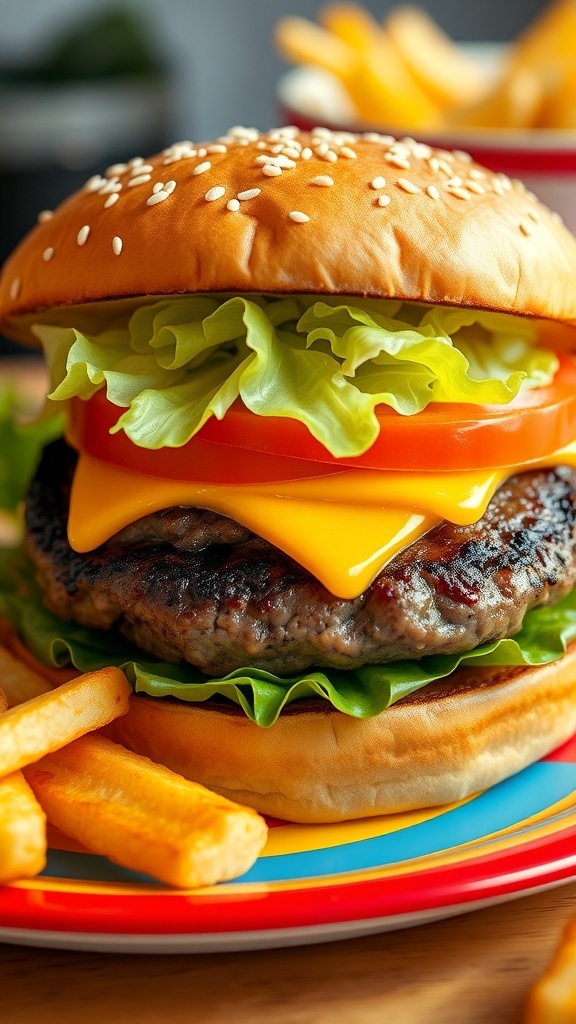 Juicy 90s Burger Recipe A juicy 90s burger with beef patty, cheese, lettuce, and tomato on a toasted bun, served with fries.